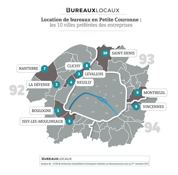 Carte des villes les plus demandées pour les bureaux à louer en Ile-de-france en 2017